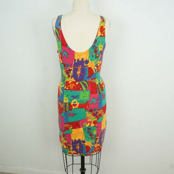 Vintage 90s OK Sam Bodycon Dress Tropical Print - Picture 3 of 5